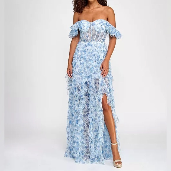 City Studios Juniors' Ruffled Off-The-Shoulder Corset Gown White/Navy Sz 13/14 - Picture 1 of 11
